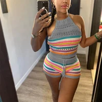 Women Suits Hhanging Neck Lace-up Sleeveless Backless Tops Female Casual Knitted Rainbow Stripes Two Piece Sets Slim Fit Shorts - Image 4