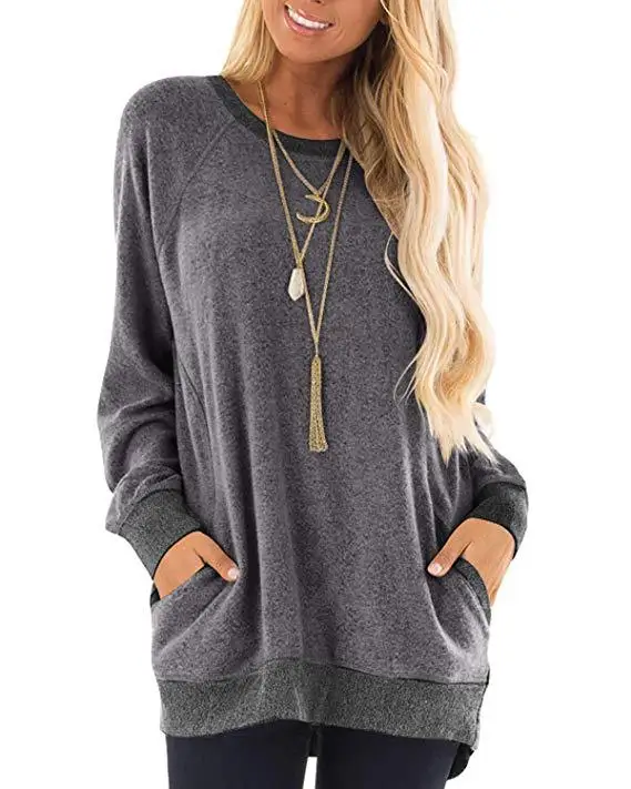 Women's Round Neck Contrasting Pocket Hoodie Long Sleeved Pullover Sports Shirt Casual T-shirt