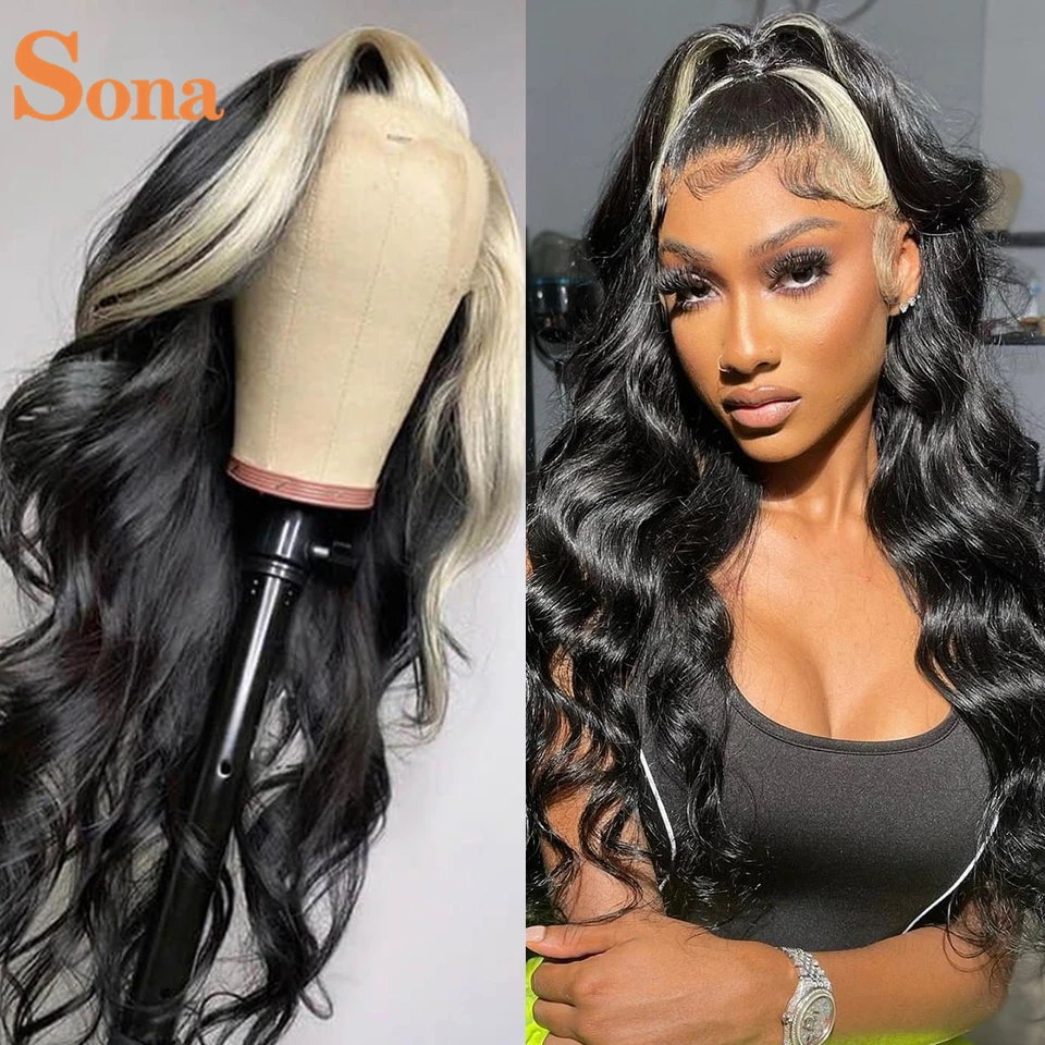 

Black and Blonde Skunk Stripe Wavy Wig Colored 613 Lace Front Human Hair Wigs with Honey Blonde Streaks Highlights