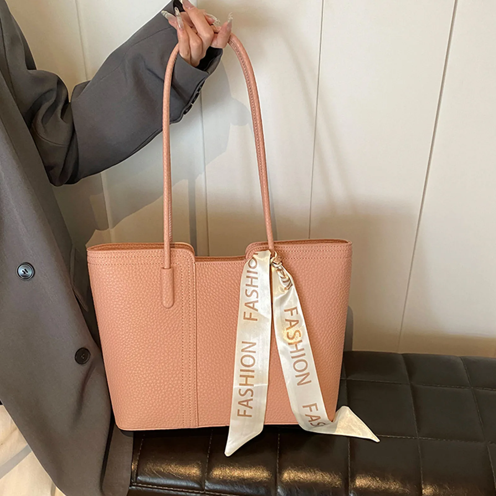 PU Tote Bag Solid Color Commuting Versatile Handbag Shoulder Bag for Women Work Office Travel