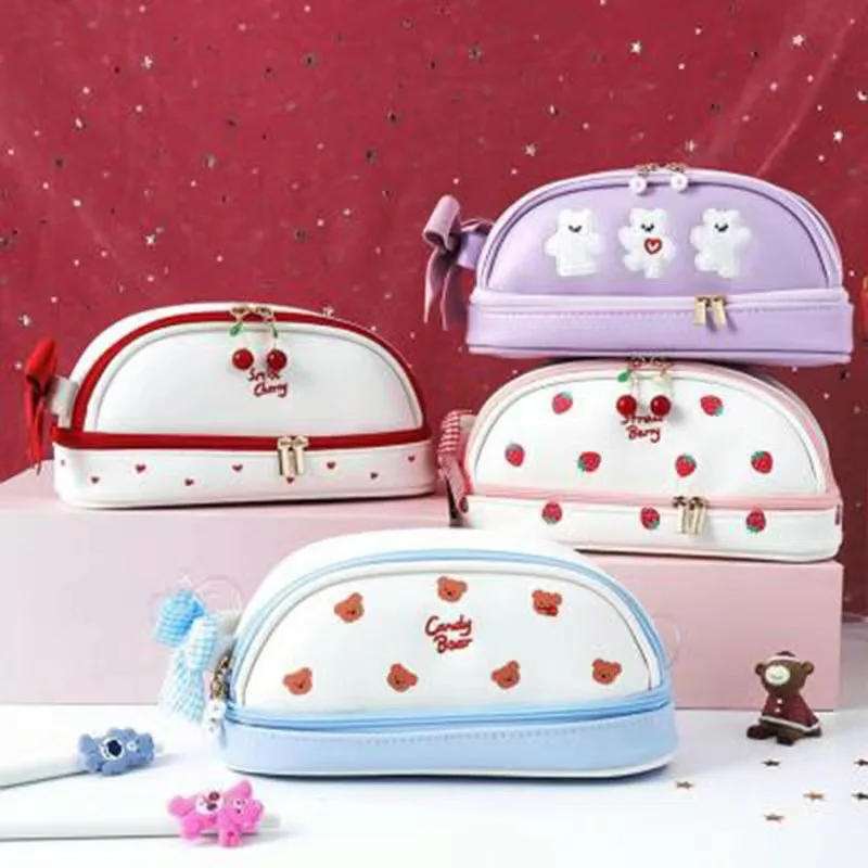 Pink Strawberry Pen Bags Cute Doule Layers Large Capacity Pencil Cases With Bows Designs Ins Style School Stationery Supplies
