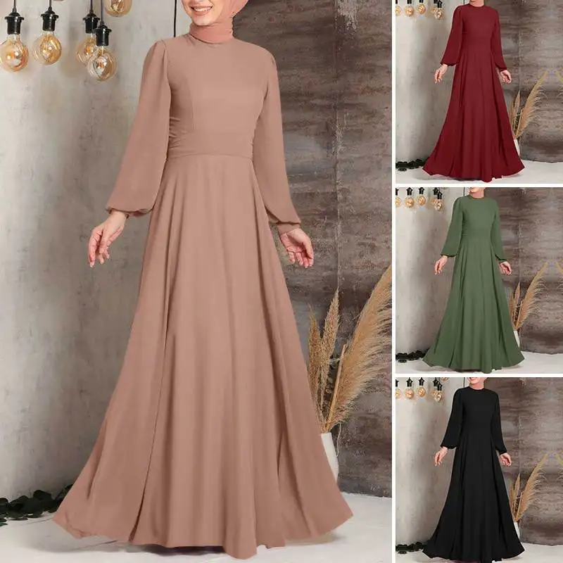 

Fashion Women Muslim Holiday Party Turkish Dresses Elegant Ladies Casual Kaftan Autumn Spring Solide Long Sleeve Abaya Black