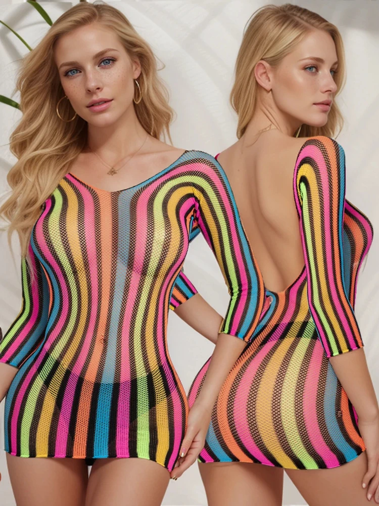 Ladies Sexy Underwear Rainbow High Elastic Nightwear Girls One-piece Erotic Bodycon Dress See Through Hollow Mini Short Skirt