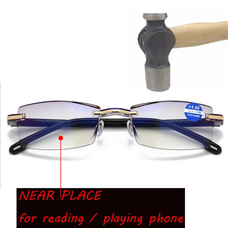 

Men Rimless Reading Glasses Bifocal Far Near Anti Blue Light Magnification Women Presbyopic Glasses Multi-focus Reading Glasses