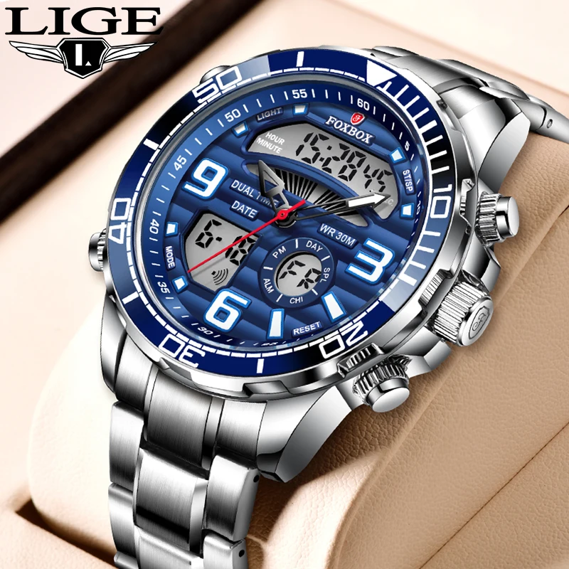 

LIGE NEW Watch For Men Luxury Brand Digital Chronograph Sports Quartz Wristwatches Waterproof Military Steel Band Luminous Clock