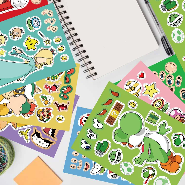 8 Sheets Anime Super Mario Bros Puzzle Stickers Game Kawaii Make A Face Stickers Cute Cartoon DIY Funny Sticker Toy Kids Gift 4