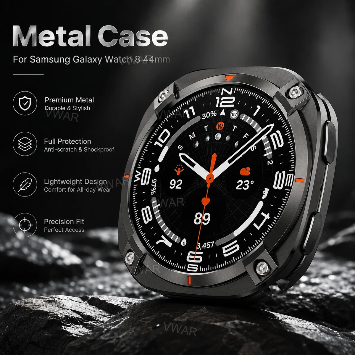 VWAR Rugged Aluminum Bumper Frame with Back Cover for Smartwatch - Metal PC Case, Shockproof Design