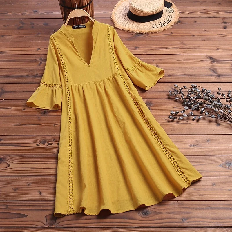 

Women's Sundress Fashion Flare Sleeve Short Vestido Female Bohemian V Neck Party Shirt Robe Femme 2023 Summer new Lace Dress