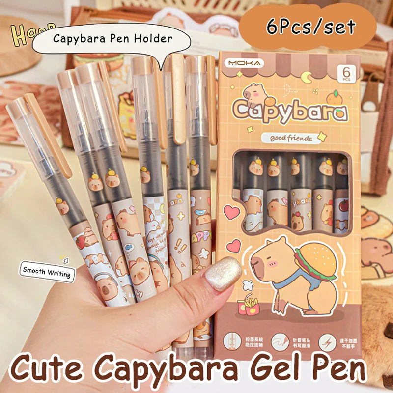6Pcs Kawaii Capybara Gel Pens Writing Smooth Black Ink Pens Office Accessories School Student Teacher Gift Aesthetic Stationery - 3