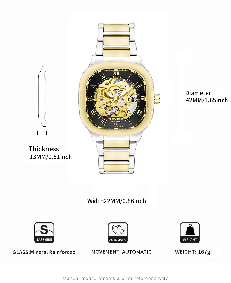 TEVISE New Automatic Watch Mechanical Movement Square Shape Case Skeleton Watch Luminous Fashion Gift