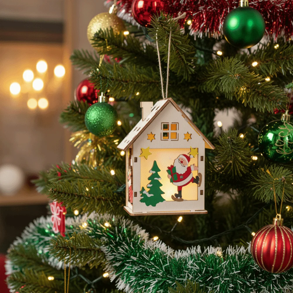 Creative Colorful Christmas LED Light Wooden House Cute Mini Wooden Luminous Huts Decorative Luminous Cabin Holiday Decoration