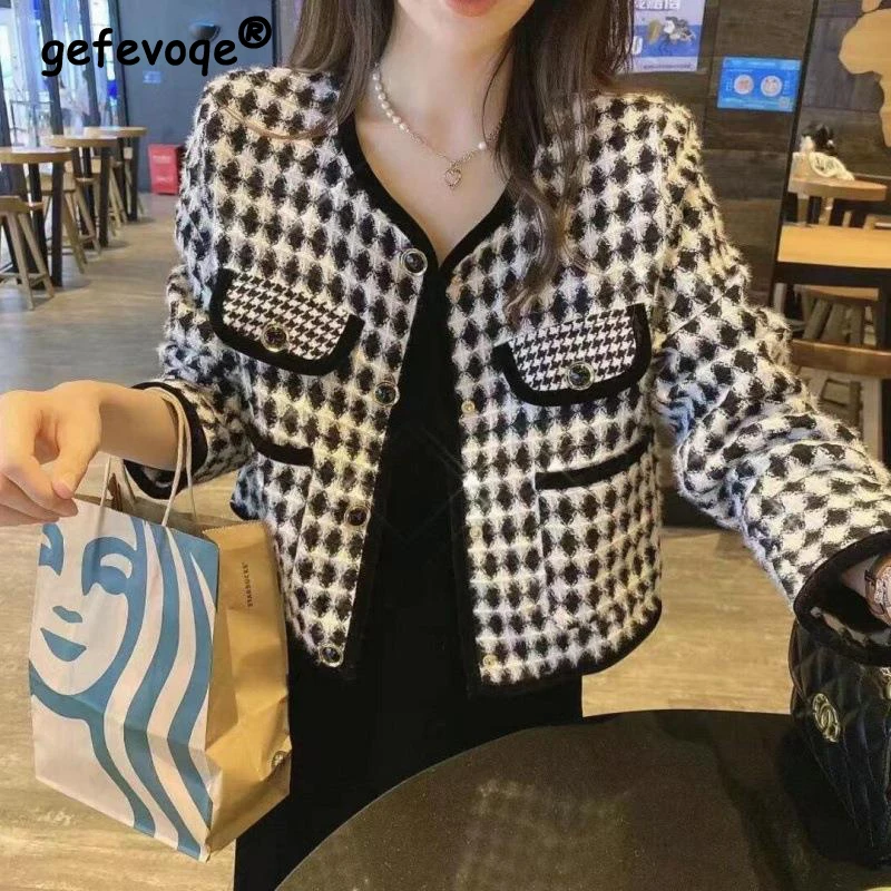 

Women Vintage Plaid Chic Elegant Single Breasted Cardigan Jacket 2023 Autumn Winter Trendy Casual O Neck Long Sleeve Loose Coats
