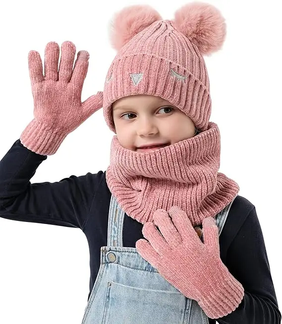 3 Pack Kids Hat Scarf Gloves Sets Winter Warm Pom Beanie Hat Fleece Lined Neck Warmer for Girls Boys 2-6