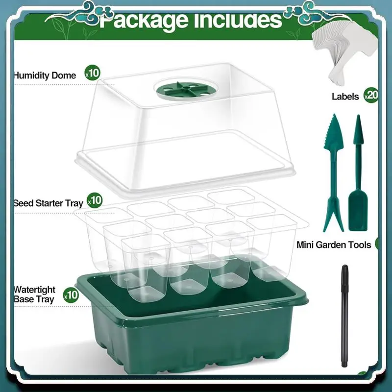 10 Pack Heightened Lids 120 Cells Seed Starter Kit Seedling Starting Trays With Humidity Dome, Green
