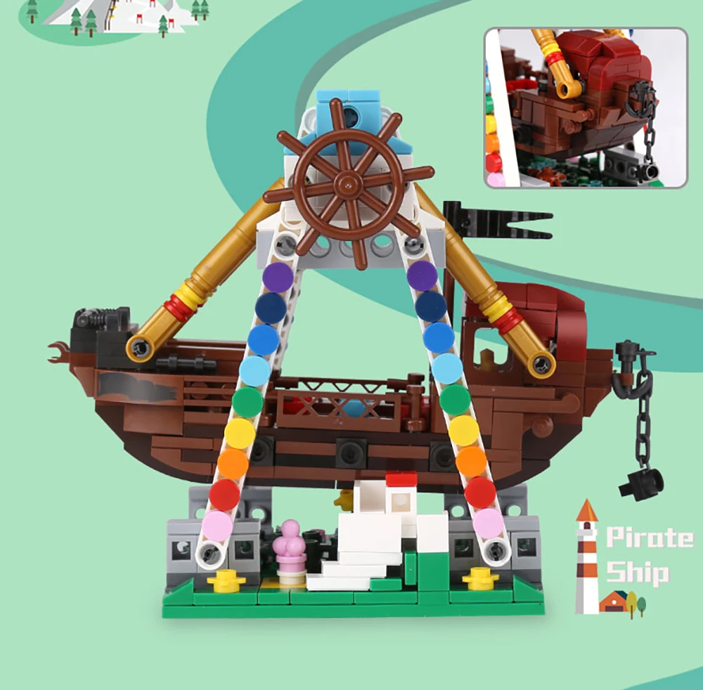 Sccc5fa210f8143d39f9ac7ce9a203722U Klocki do budowy targowe blokuje diabelski młyn zestaw duże wahadło statek piracki karuzela Park rozrywki z instrukcją montażu