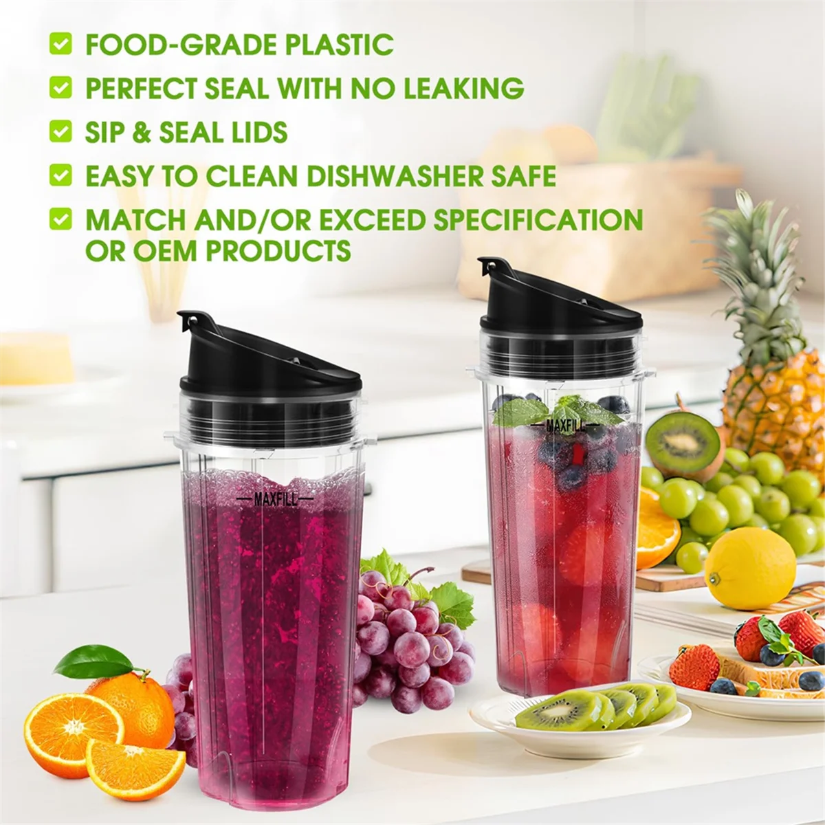 Parti di ricambio per frullatore per Ninja, sostuzione di 3 tazze per frullatore Ninja da 16 once con coperchi To-Go per Nutri Ninja QB3001SS  6