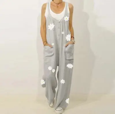 Vintage Pocket Floral Daisy Print Jumpsuit Casual Romper Long Playsuit Strap Button Summer Female Bodysuit Boho Casual Trousers