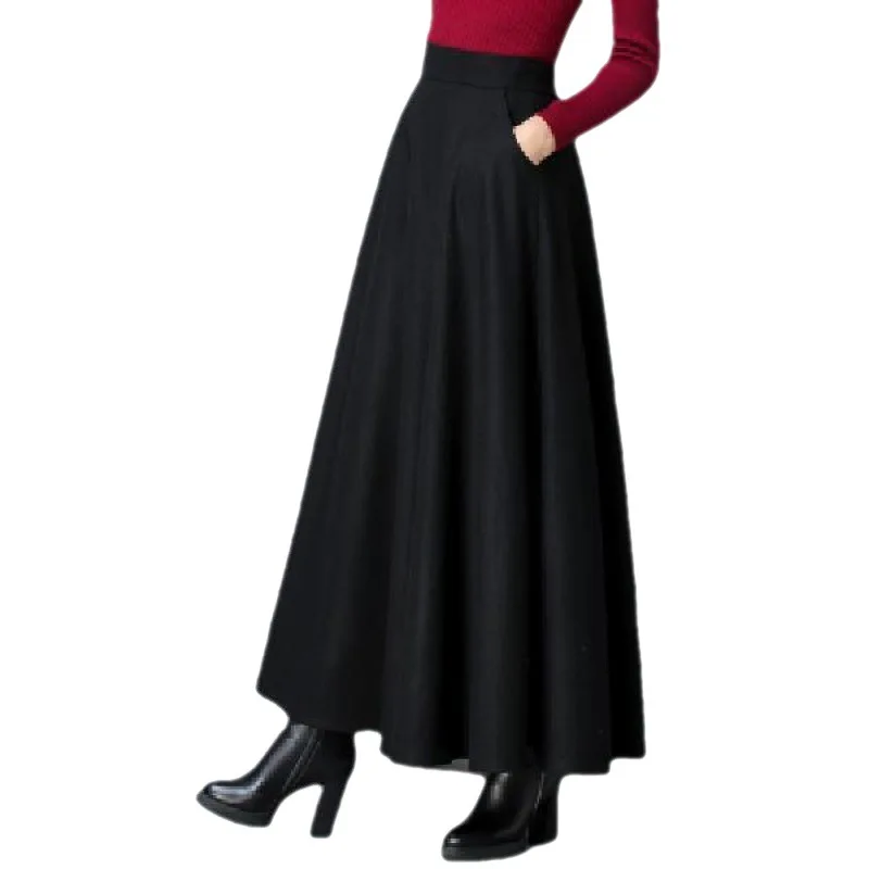 Winter Women Long Woolen Skirt Fashion High Waist Basic Wool Skirts Female Casual Thick Warm Elastic A-Line Maxi Skirts O839