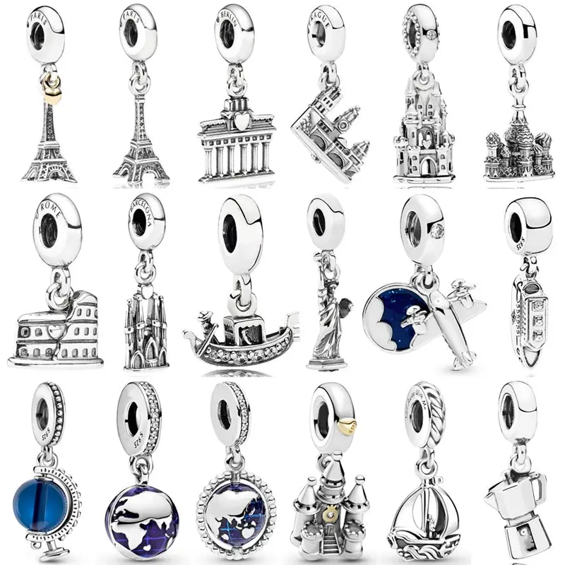 New 925 Sterling Silver Charm Blue Globe Eiffel Tower Venice Gondola Regal Castle Pendant Bead Fit Popular Bracelet DIY Jewelry