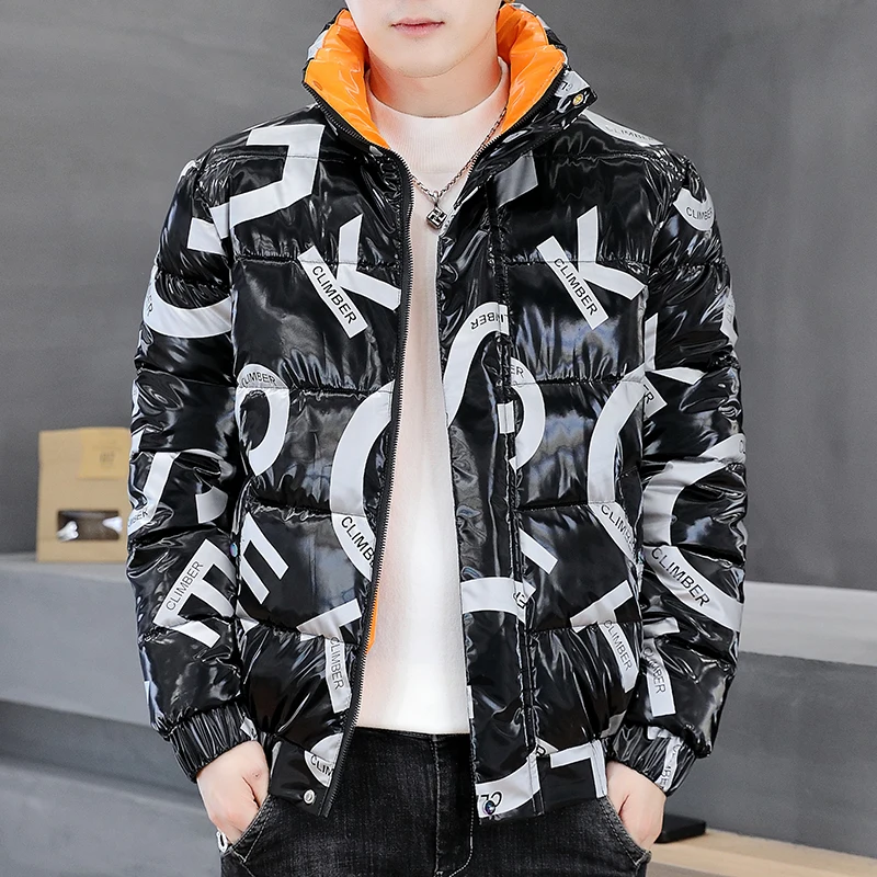 2023 Autumn Winter Shiny Down Cotton Padded Jackets Men's Stand Collar Casual Warm Short Bright Parkas Youth Outwear Thick Coats