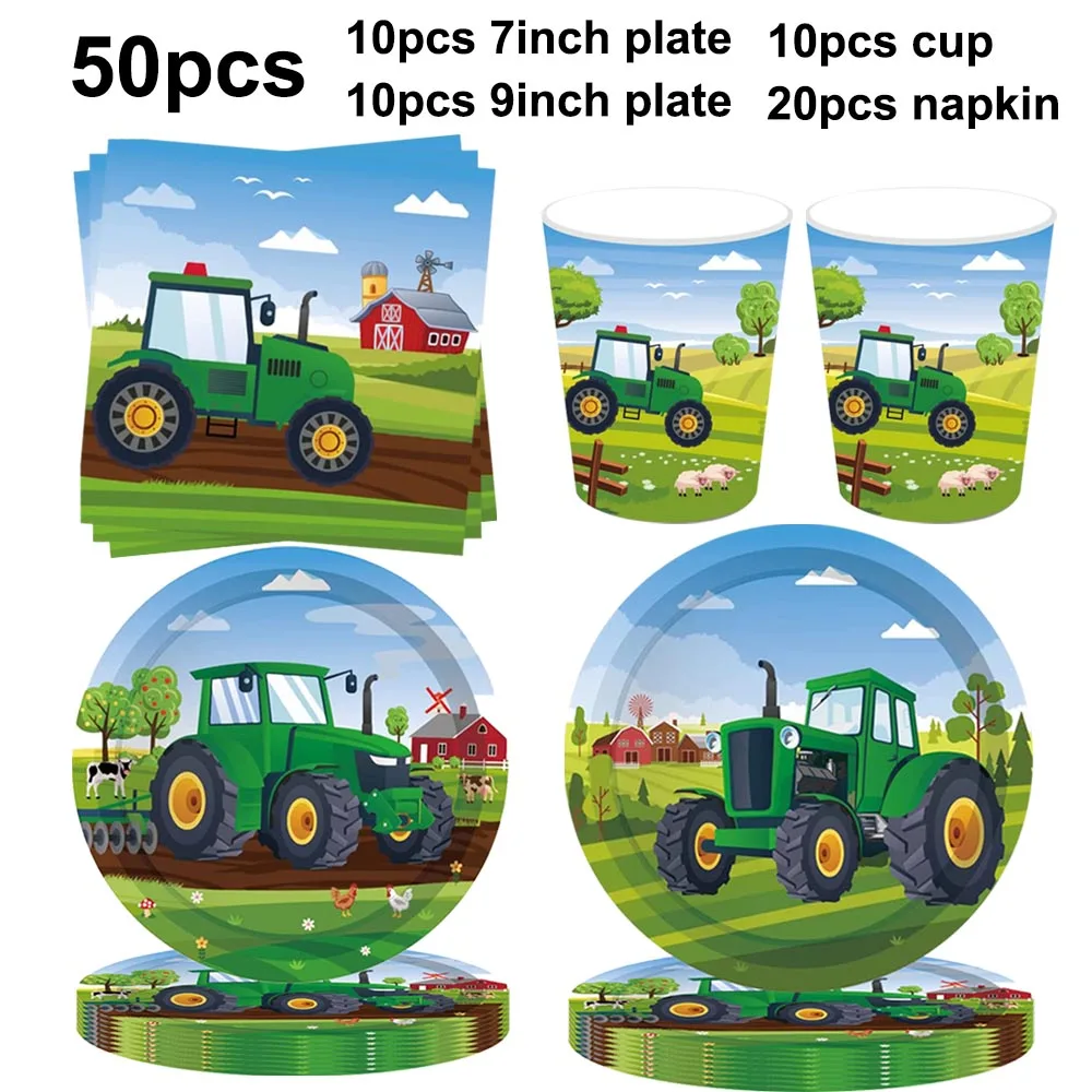 Farm Tractor Party Decor Set - Tableware, Napkins, Tablecloth, Banner, Balloons & Cake Topper