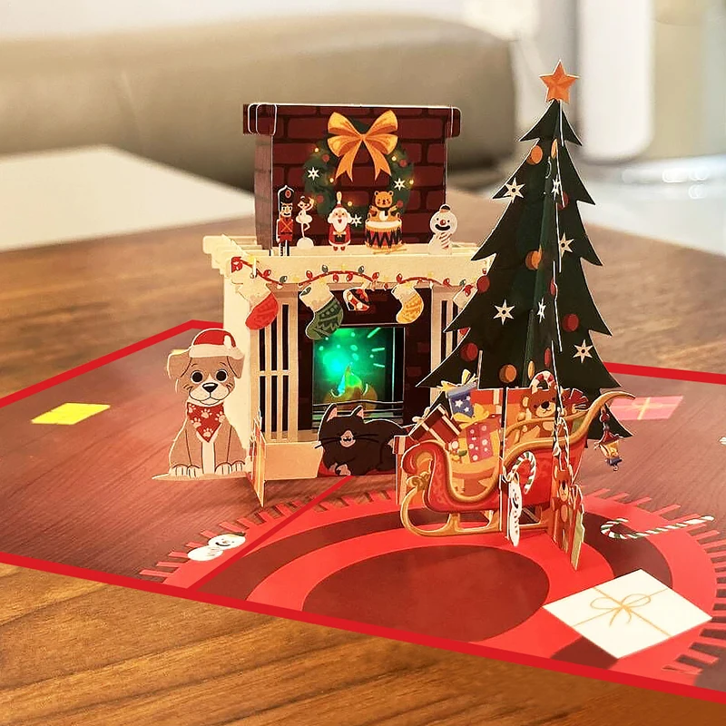Sound Recordable Music 3d Pop Up Luxury Christmas LED Light Greeting Gift Paper Cards