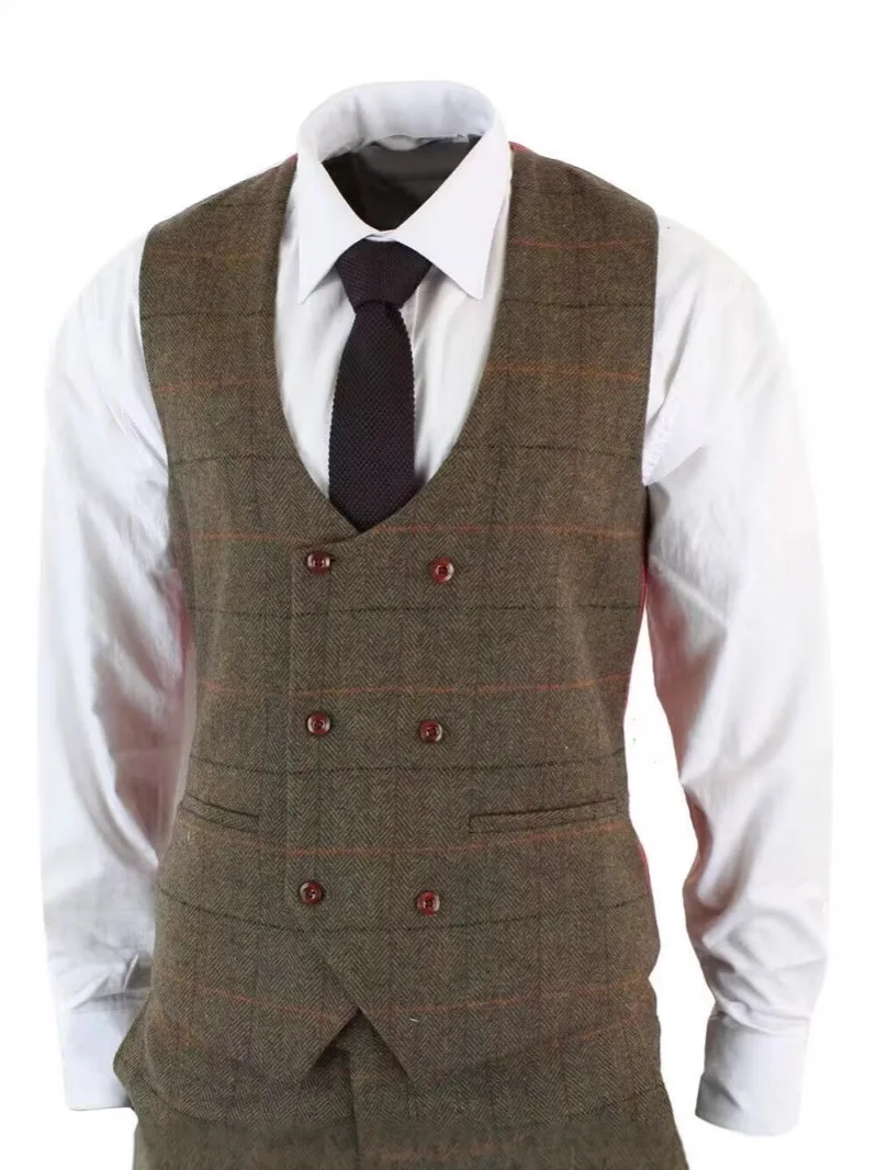 Formal Brown Plaid Woolen Men's Suits 3 Pieces Slim Fit Notch Lapel Blazer Vest Pants Herringbone Tuxedos For Wedding/Business