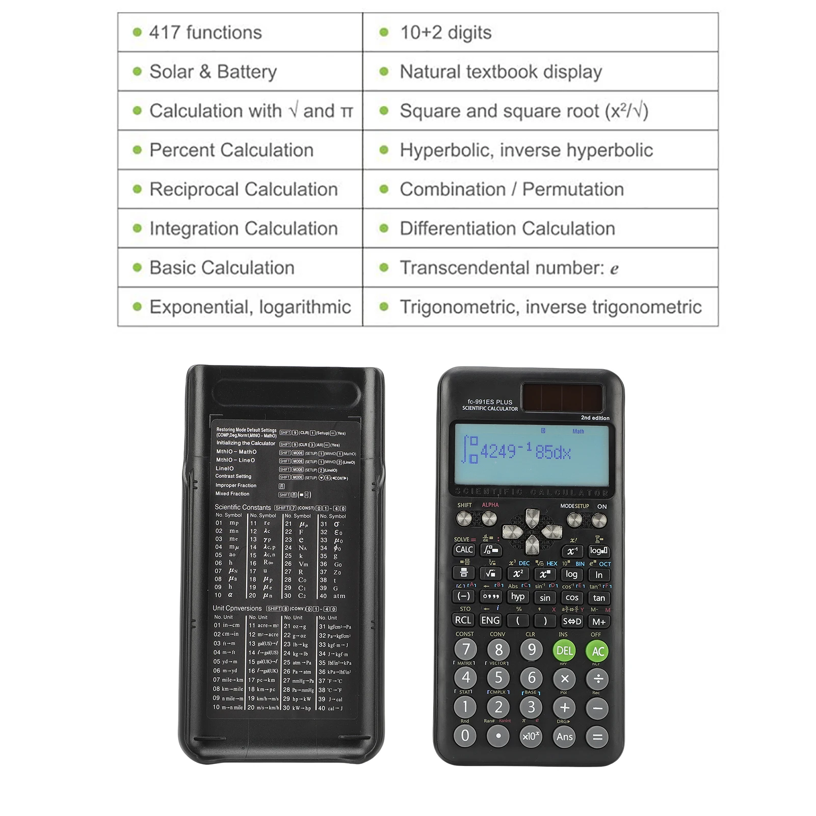 Scientific Calculators Math Calculator with 417 Function 10+2 Digits Display Dual Power Supply Ideal for Teachers College - 3