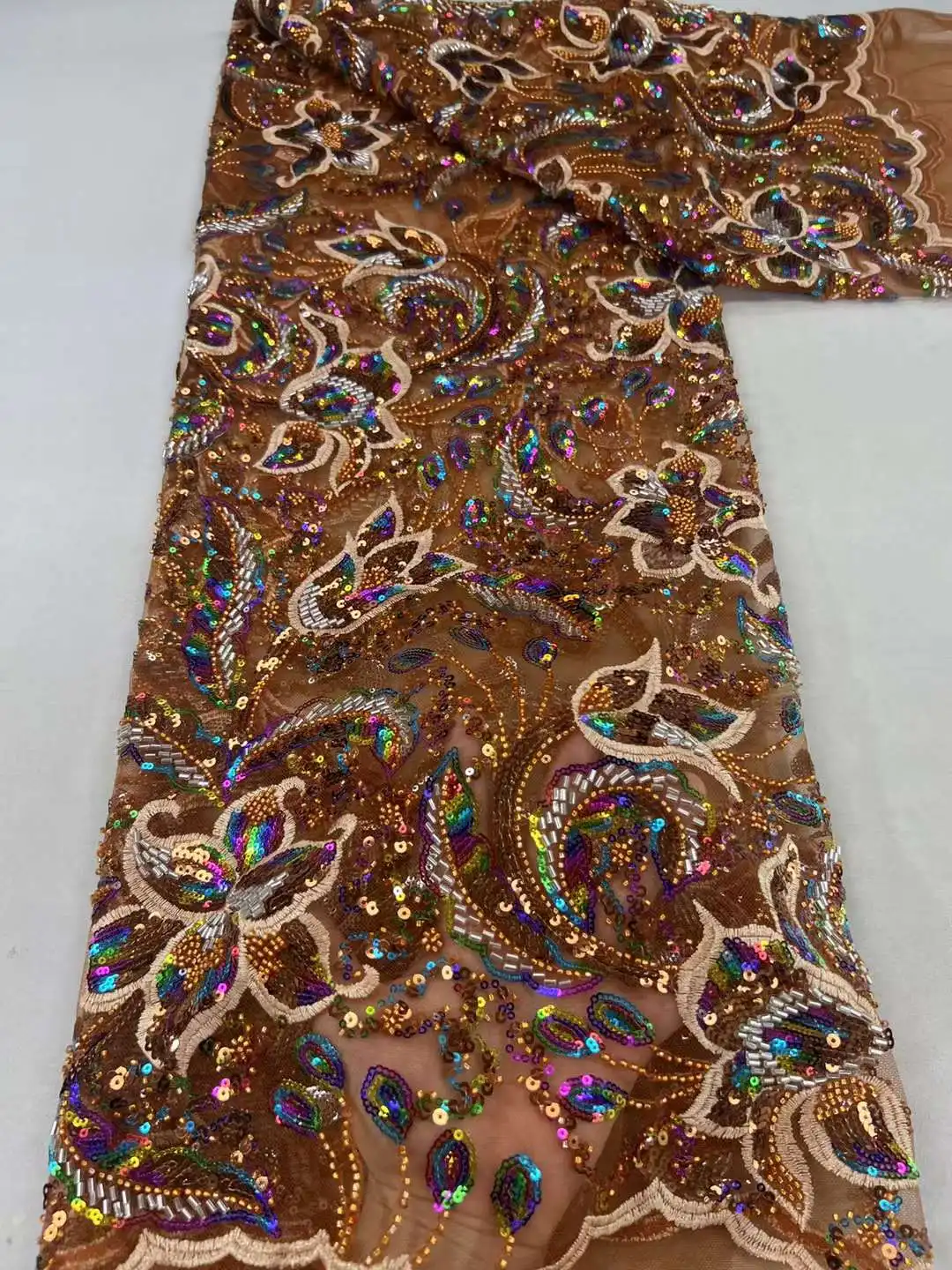 

Orange Heavy Material Hand Make French Nigerian Sequins Beads Lace Fabric 24JRB-53105 Embroidered Lady Show or Party Dress