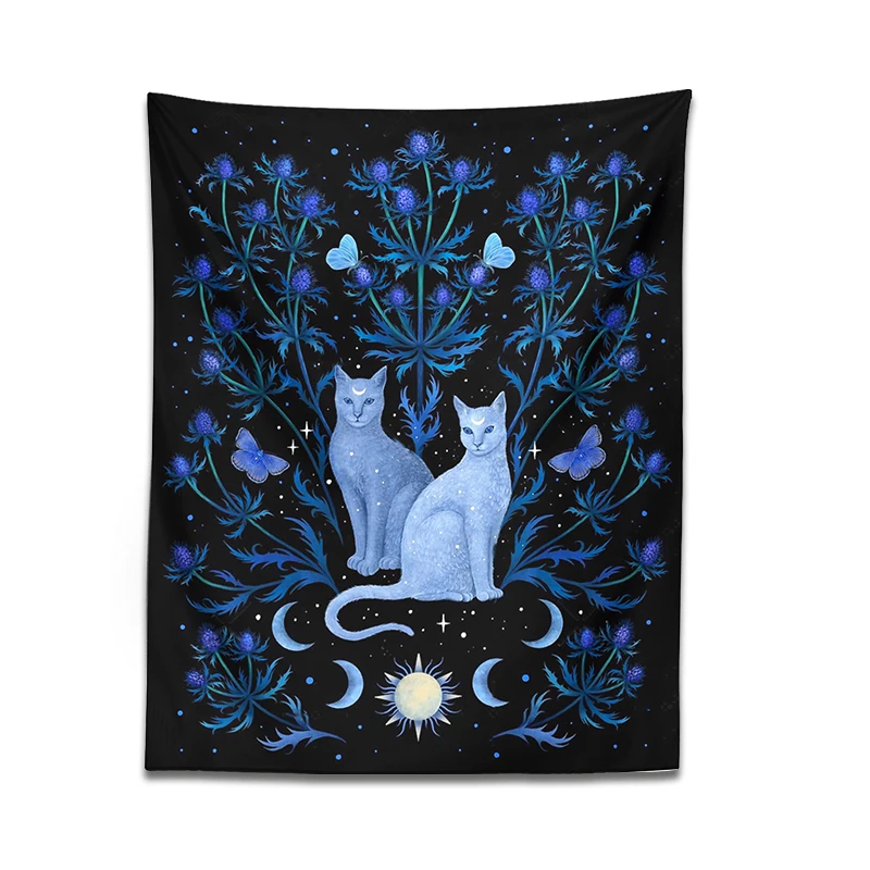 Cat Tapestry Wall Hanging Tapestry Decorations Psychedelic Moon Sun Moth Cat Leaf Flower Divination Occult Home Wall