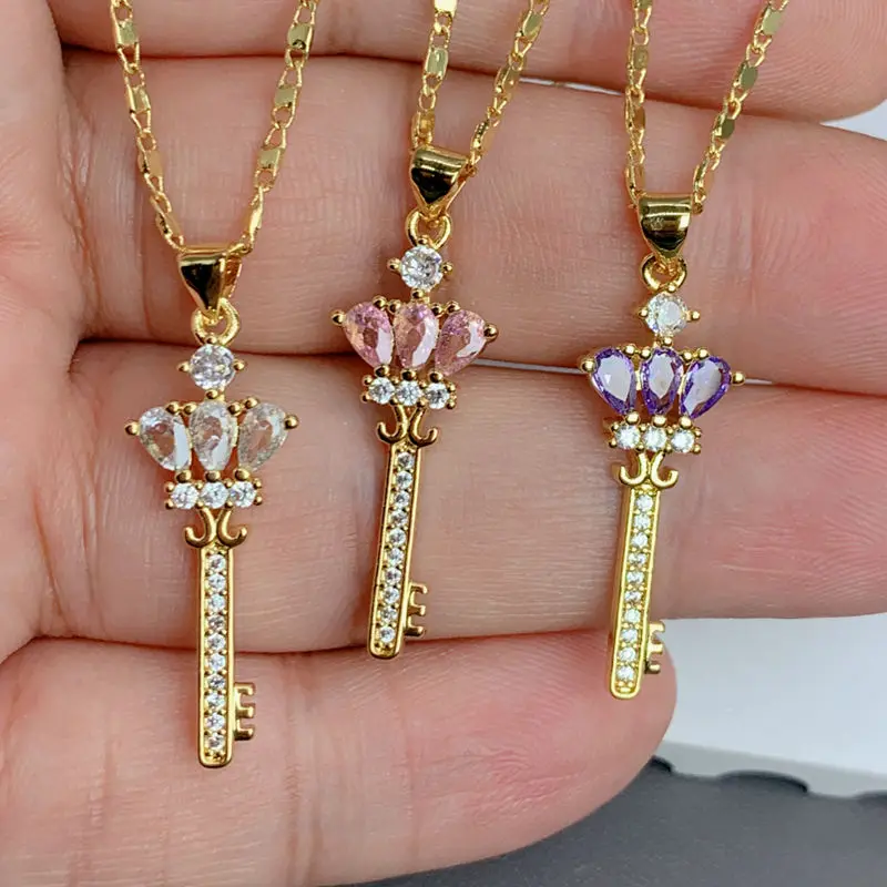 

New Romantic Luxury Design Crown Key Zircon Pendant Necklace For Women Fashion Bamboo link chain Jewelry Party Gift