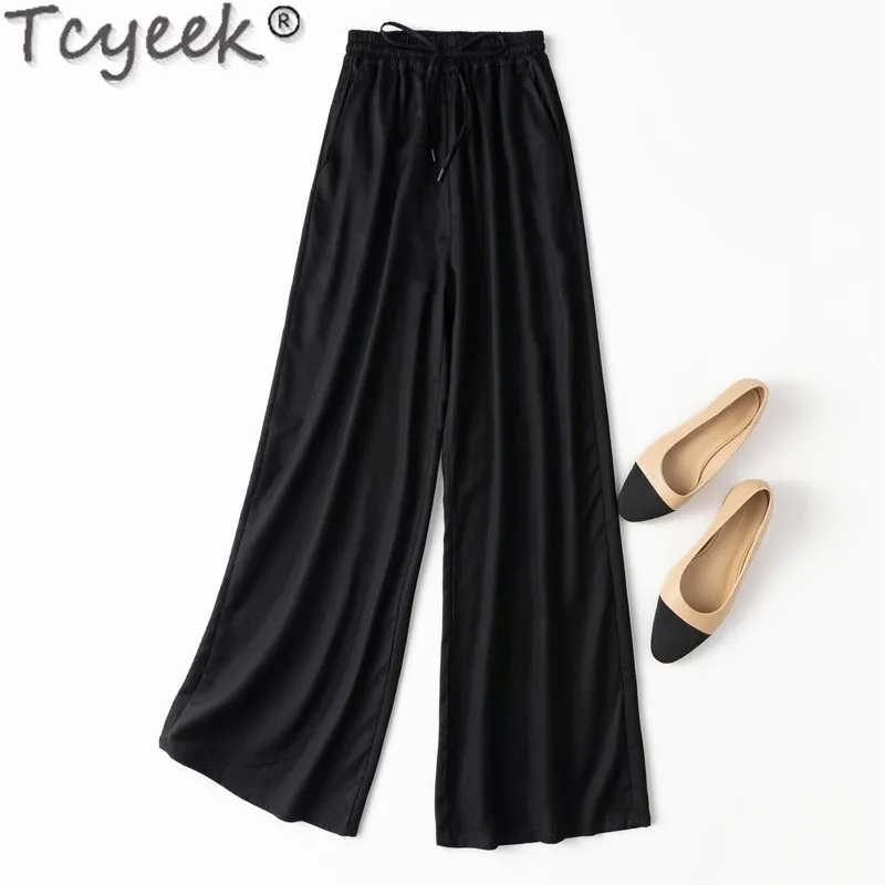 

Tcyeek 100% Mulberry Silk Wide Leg Pants Spring Summer Black Pants for Women Clothing Fashion Woman Trousers Long Pants Loose