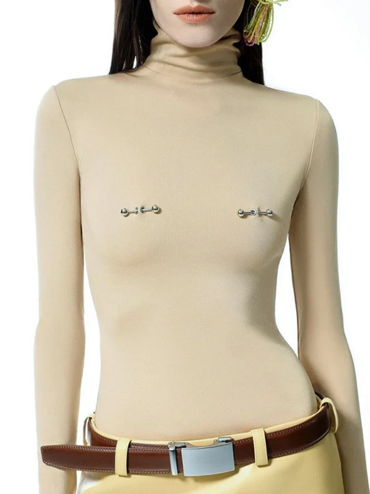 

Solid Casual Tops Brooch Sexy T-shirt Pullover Long Sleeve T Shirts For Women Turtleneck Y2k Accessories Streetwear Slim Knitted