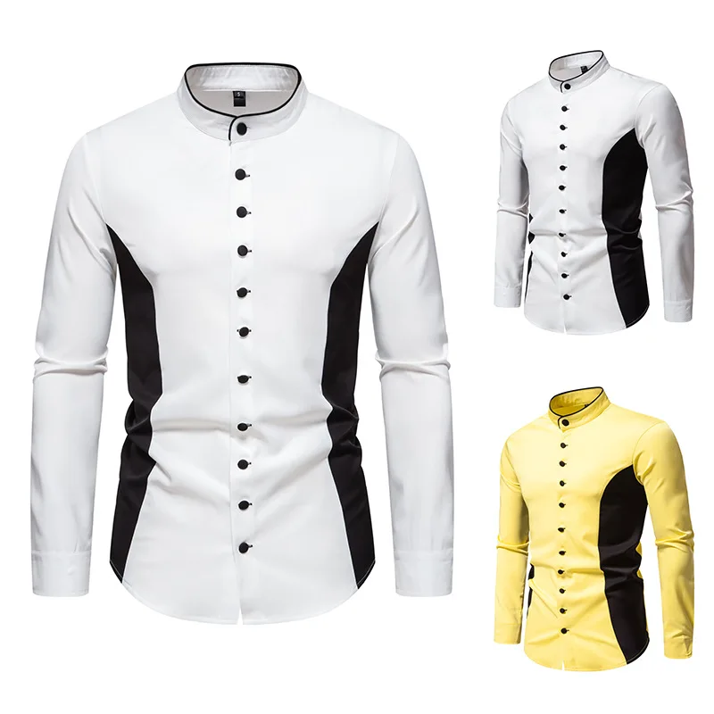 

New Men's Shirts for Spring and Summer, Henry Collar Casual Color Blocking Long Sleeved Shirt