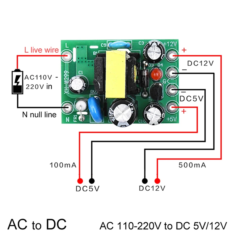 미니 AC-DC 컨버터 XH-M299 스위칭 전원 모듈, AC-DC 절연 PCB 보드 입력, 110-220V 출력, 12V 0.5A + 5V, 1PC