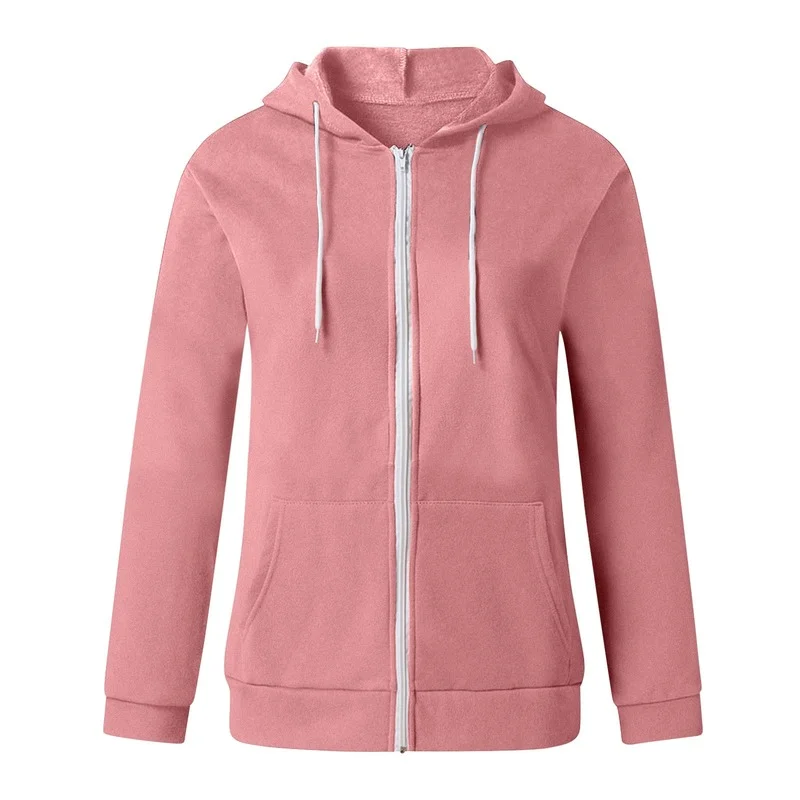 Women Zipper Long Sleeve Autumn Winter Casual Loose Outwear Sweatshirts Female Solid Color Drawstring Hooded Jacket with Pockets