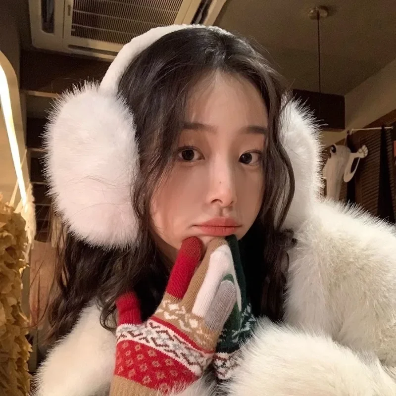White Cute Plush Earmuffs Winter Women Outdoor Travel Keeping Warm Fashionable Cold Protection Earmuff