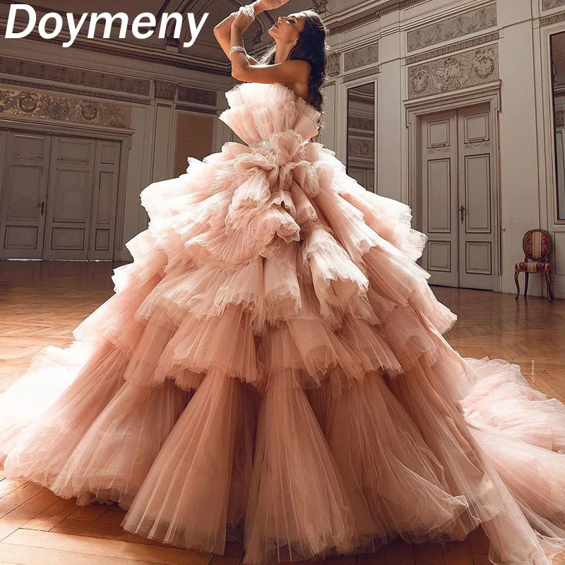 

Doymeny Women’s Elegant Prom Dresses Beaded Strapless Ball Gown Tulle Ruffle Cocktail Formal Evening Party Gowns vestido de gala