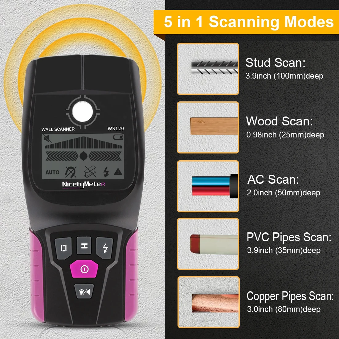 Nicety Handheld Wall Scanner Ferrous Metal Copper Wood AC Cable Live Wire PVC Water Pip Detector Finder LCD Wall Diagnostic-tool 3