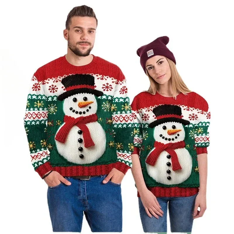 

Couple Christmas Clothes Snowman Christmas Tree Imitation Sweater Pattern Printing Lady Tops Fashion Round Neck Men Sweatshirts