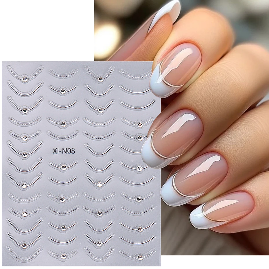 3D Rhinestones Gold Silver French Nail Art Stickers Retro Wave Simple Line Design Adhesive Slider Decals DIY Manicure Decoration 4