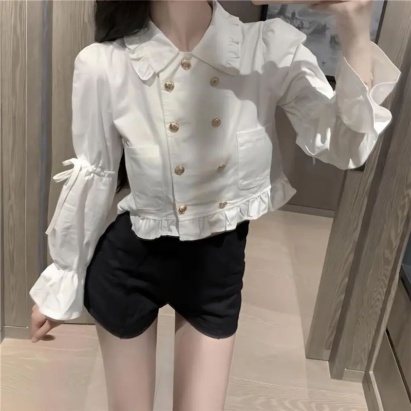 

QWEEK Korean Style Women's White Shirt Kawaii Crop Top Fashion Woman Blouse 2023 Preppy Style Long Sleeve Female Lolita Clothes