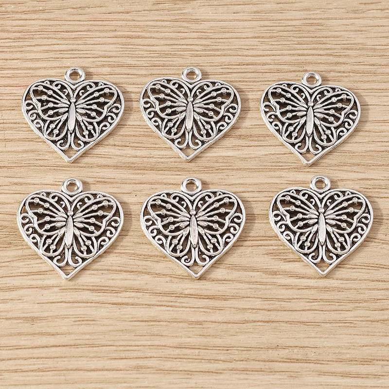 20 Stück 22 x 22 mm niedliche Legierung Liebe Herz Schmetterling Charms für Schmuckherstellung Ohrringe Anhänger Halskette Armbänder DIY Bastelbedarf