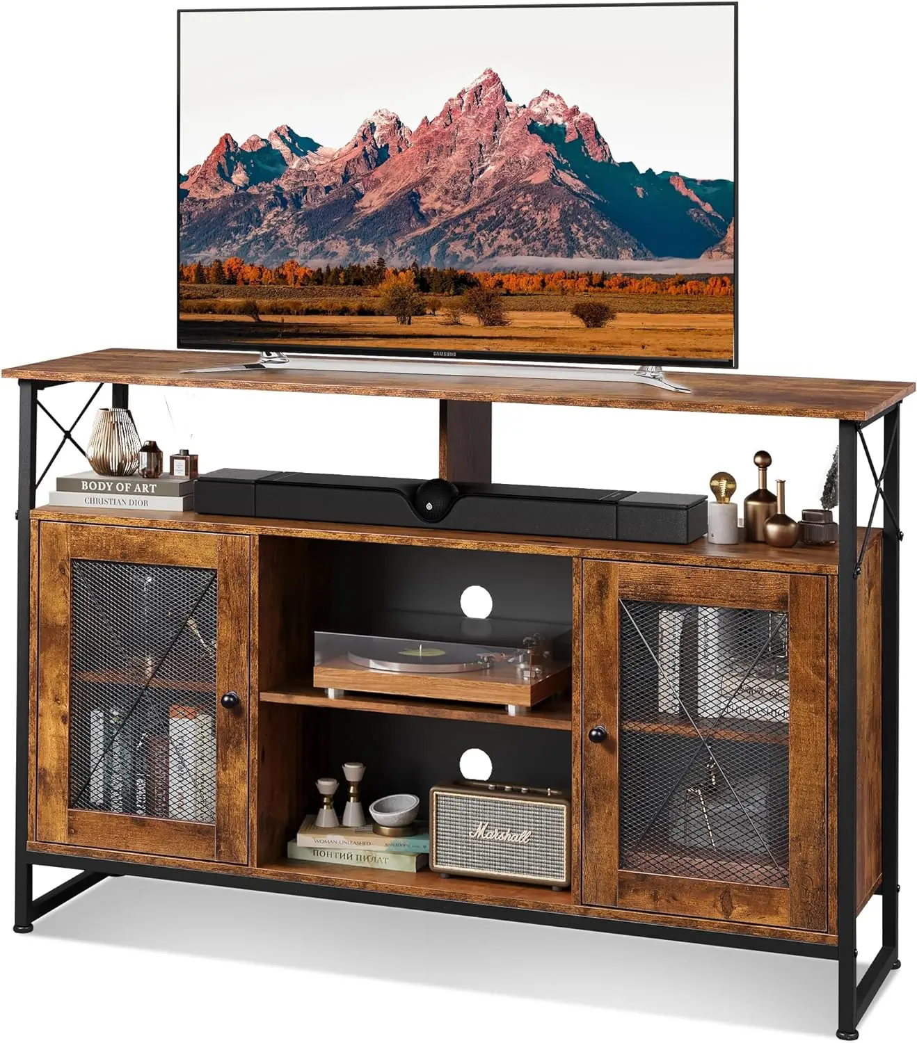 

TV Stand 55 inch TV,Tall Entertainment Center with Storage, Farmhouse Industrial TV Console for Bedroom Living Room,Rustic Brown