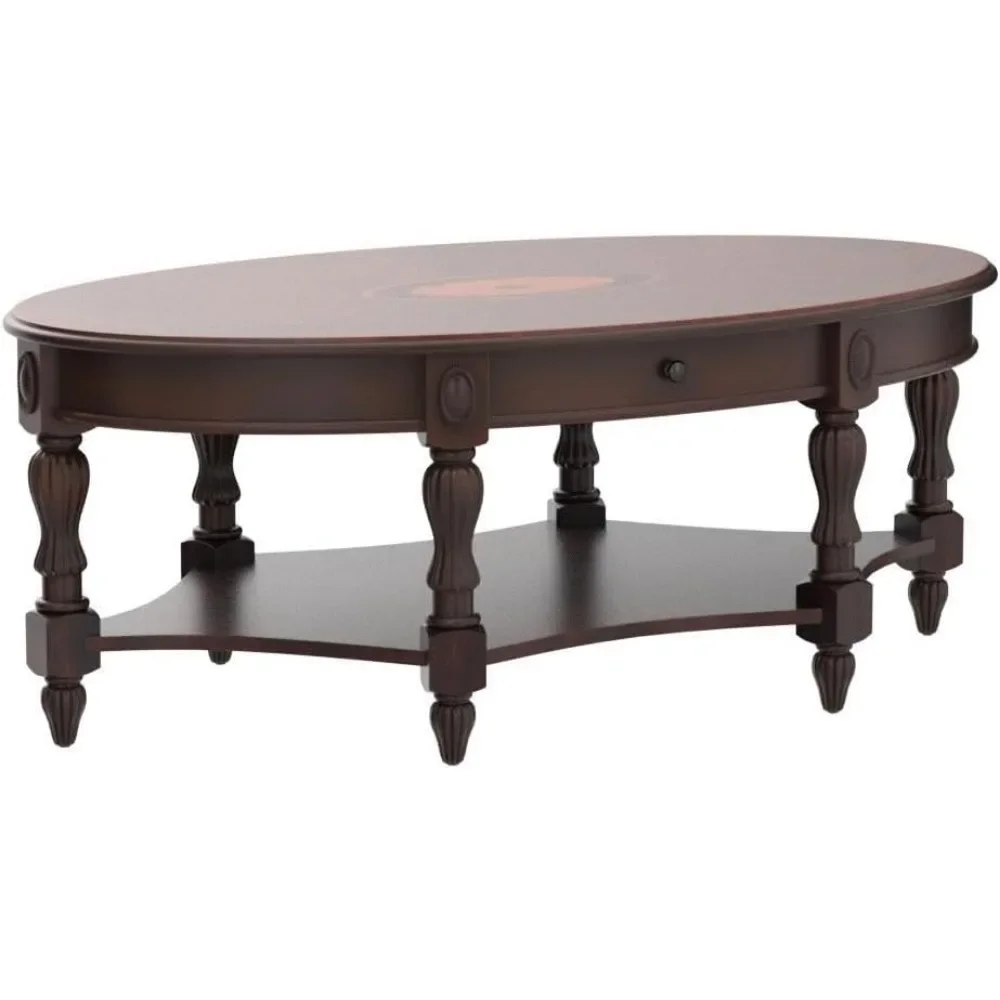 Oval Coffee Table for Living Room, Cherry Solid Wood Coffee Table with Storage Drawer, Victorian Antique Vintage Coffee Table 4