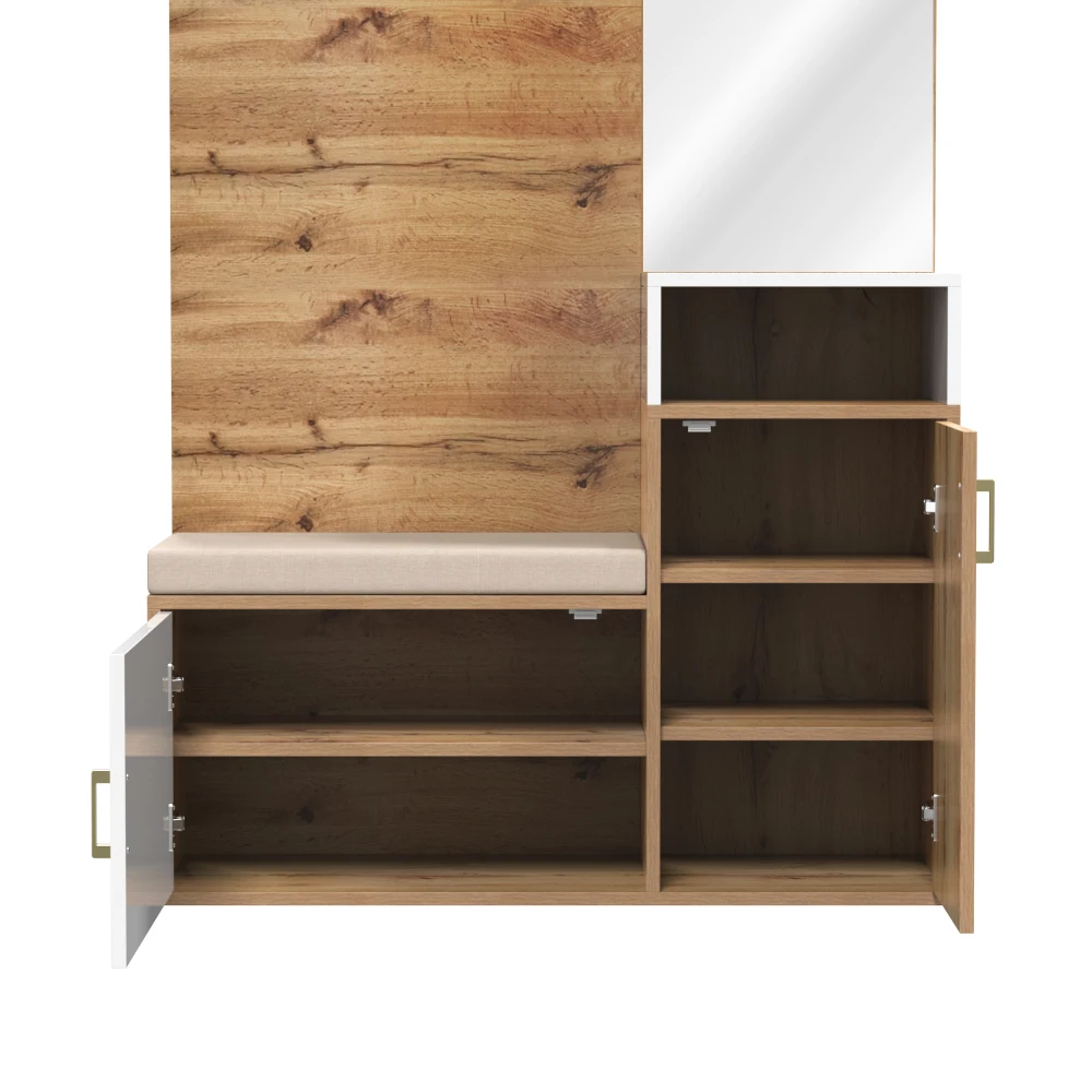 PINGGO Wandmontierter Kleiderschrank-Set mit 4 Haken, Spiegeln, Schuhschrank, oberer Stauraum, Flur-Garderobe, Hocker, Bohren erforderlich – Detail 17