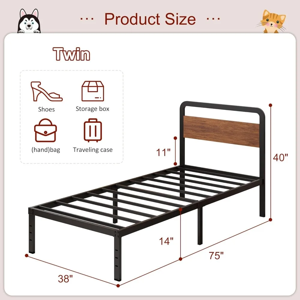 Twin Bed Frames with Mahogany Wood Headboard, 14 Inch Twin Bed Frame No Box Spring Needed Support Up to 2500 lbs, Noise Free 5