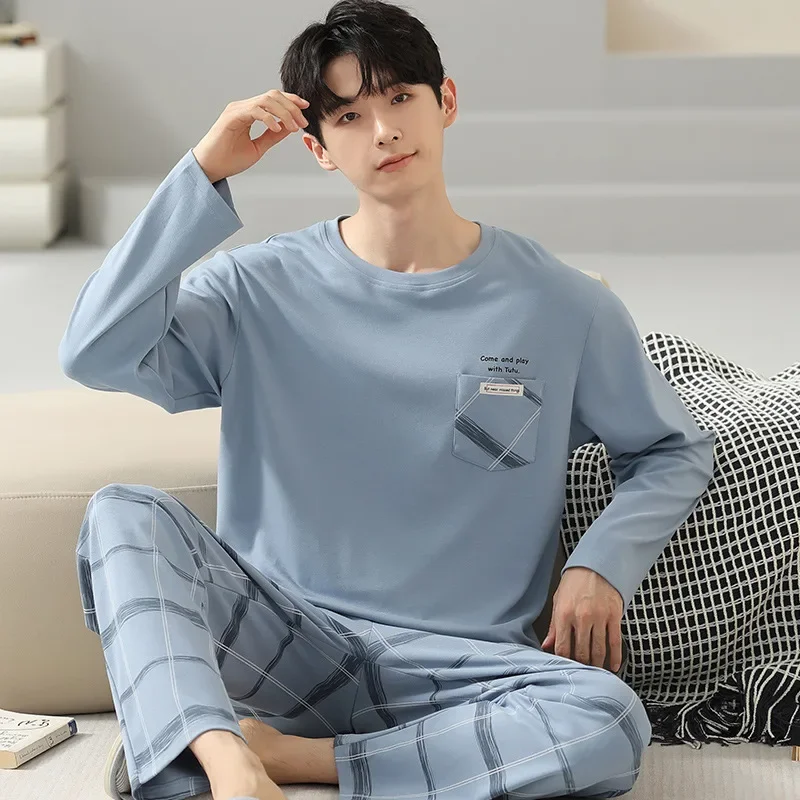 Pure Cotton Pajamas Suit Men Autumn Winter Long-sleeved Korean Version Sleepwear Male Cartoon Loose Loungewear