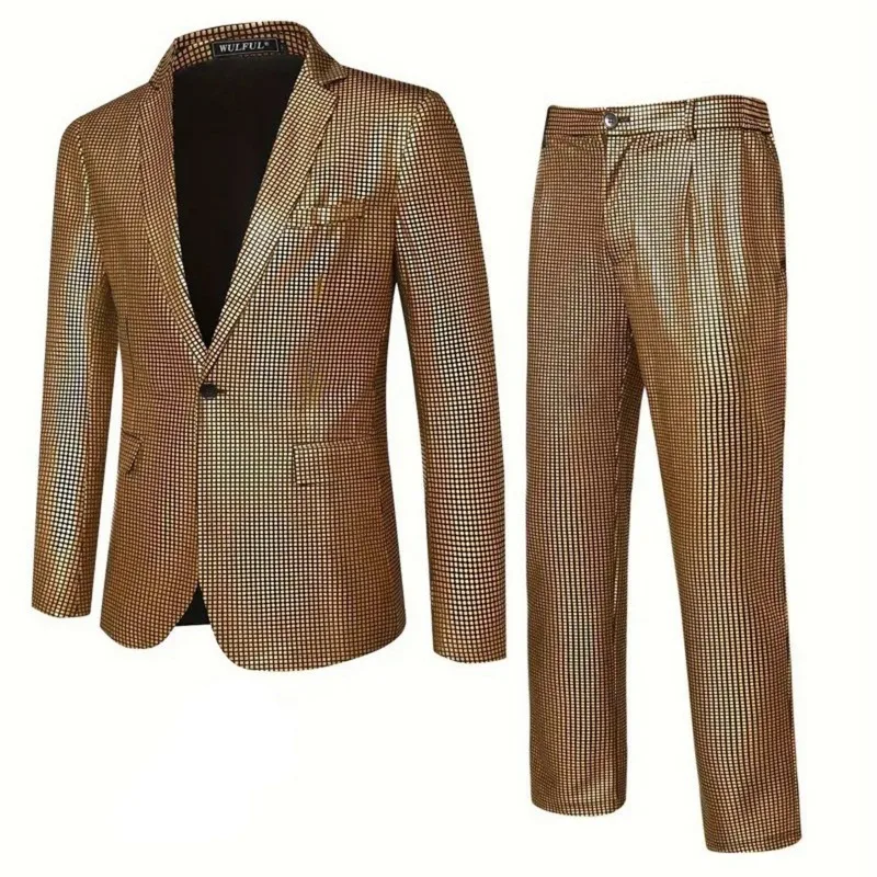 Men's Plaid Sequins Suit Wedding Ceremony Party Performance Dress Two-piece Suit
