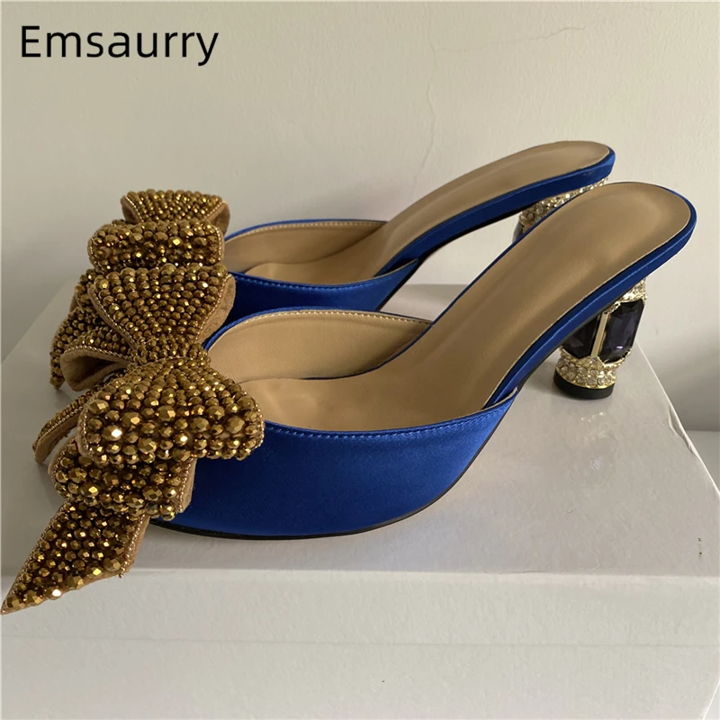 

Sewing Diamond Big Bowknot Sandals Women Jeweled Rhinestone High Heel Slingbacks Luxury Satin Summer Mules For Girls